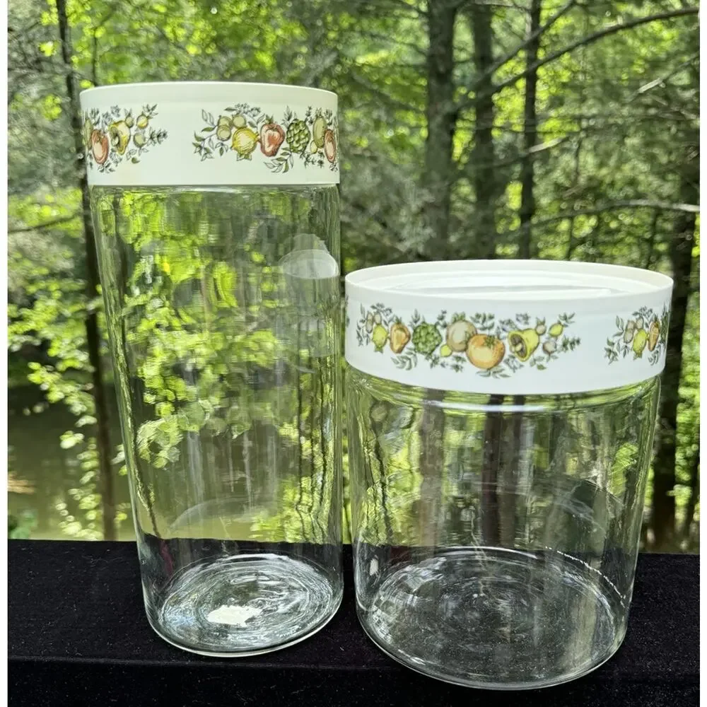 Two Vintage Pyrex Spice of Life Glass Store N See Stackable Storage Canisters